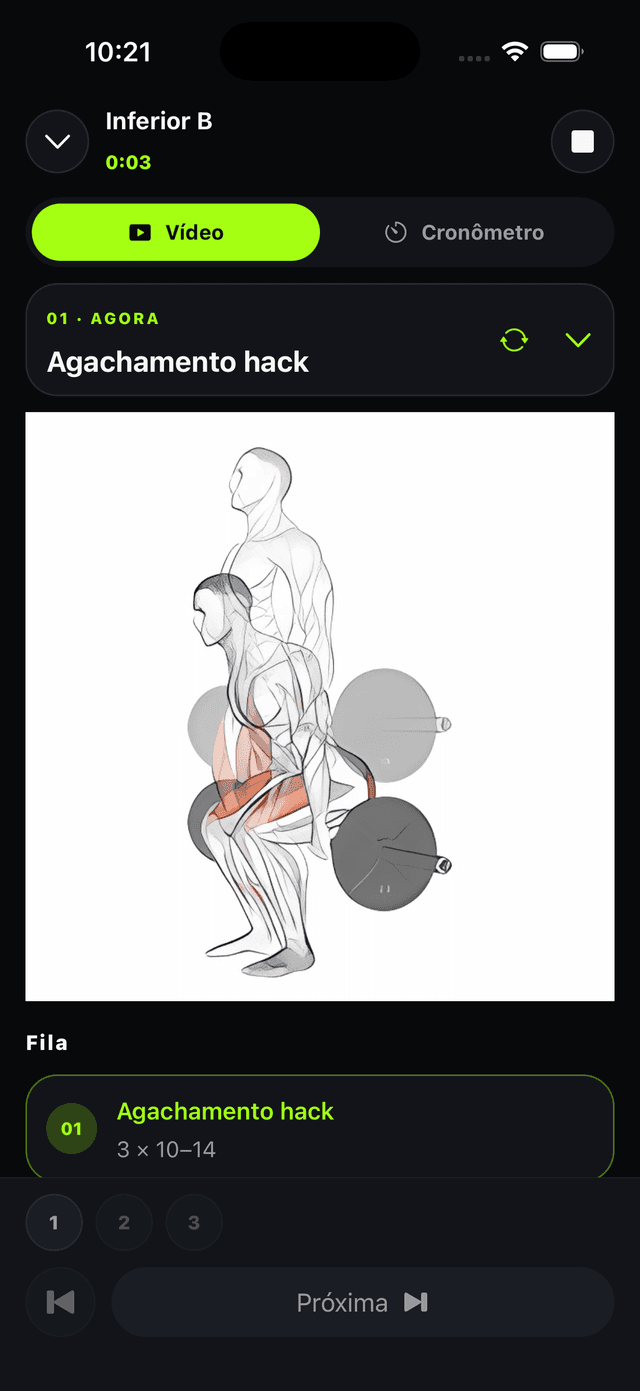Player do treino com vídeo do exercício