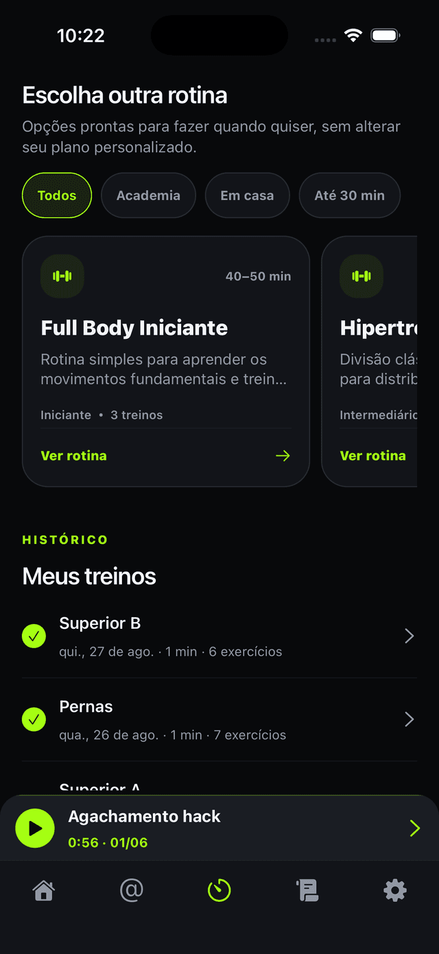 Rotinas e histórico de treinos no app